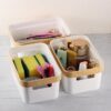 Canasta organizador plástico de 3 tamaños borde color madera